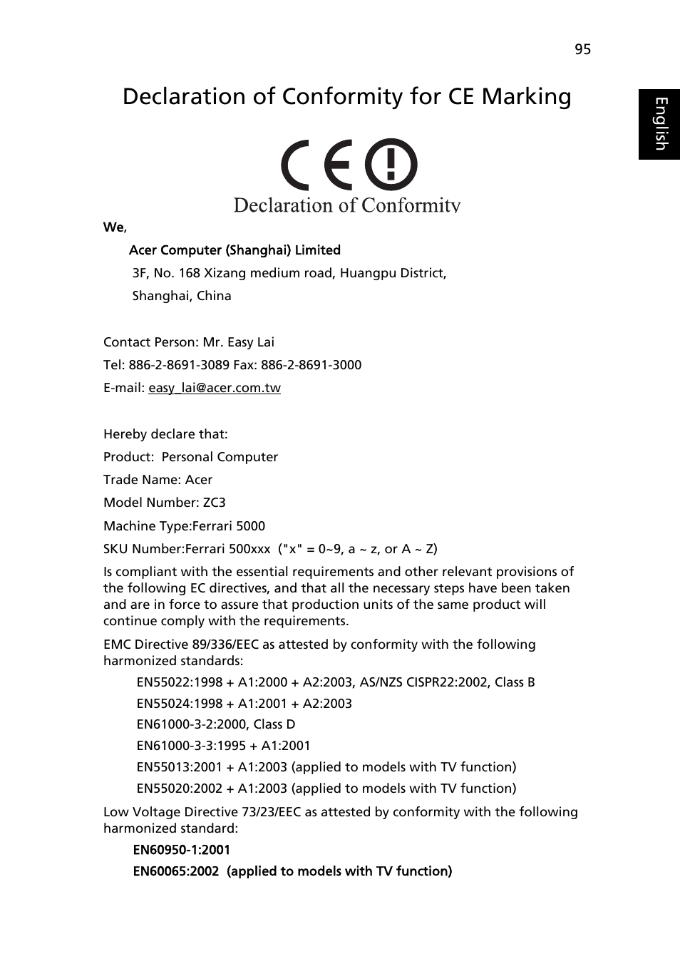 Declaration of conformity for ce marking | Acer Ferrari 5000 User Manual | Page 115 / 118