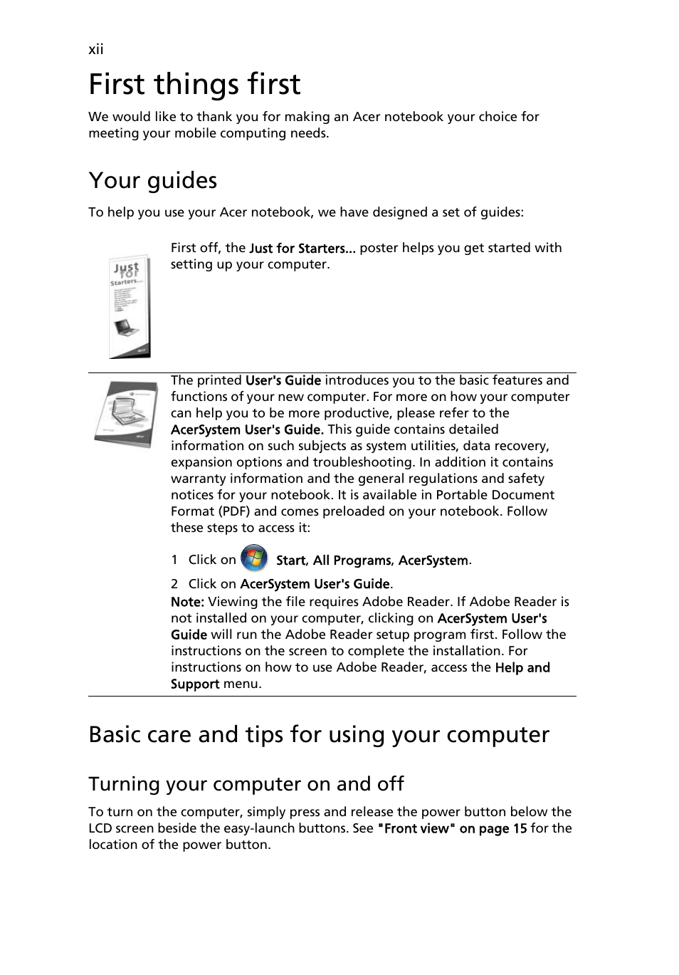 First things first, Your guides, Basic care and tips for using your computer | Turning your computer on and off | Acer Ferrari 5000 User Manual | Page 12 / 118