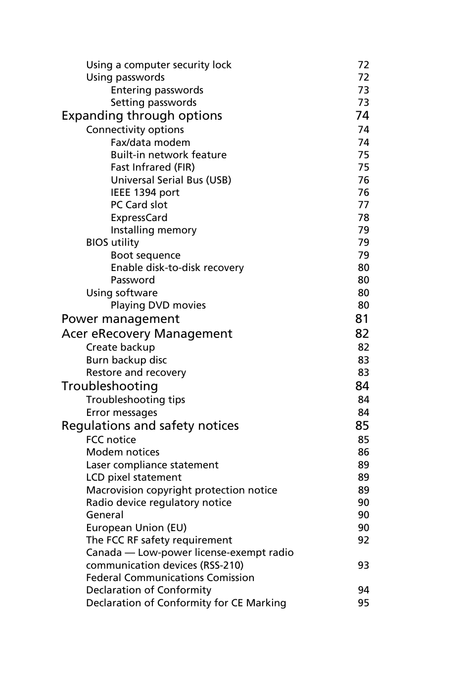 Expanding through options 74, Power management 81 acer erecovery management 82, Troubleshooting 84 | Regulations and safety notices 85 | Acer Ferrari 5000 User Manual | Page 18 / 118