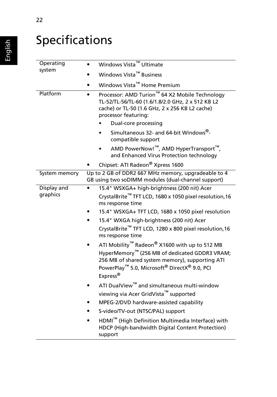 Specifications, English | Acer Ferrari 5000 User Manual | Page 42 / 118