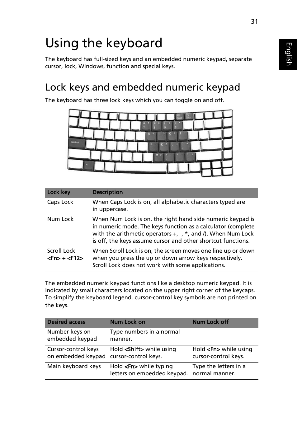Using the keyboard, Lock keys and embedded numeric keypad | Acer Ferrari 5000 User Manual | Page 51 / 118