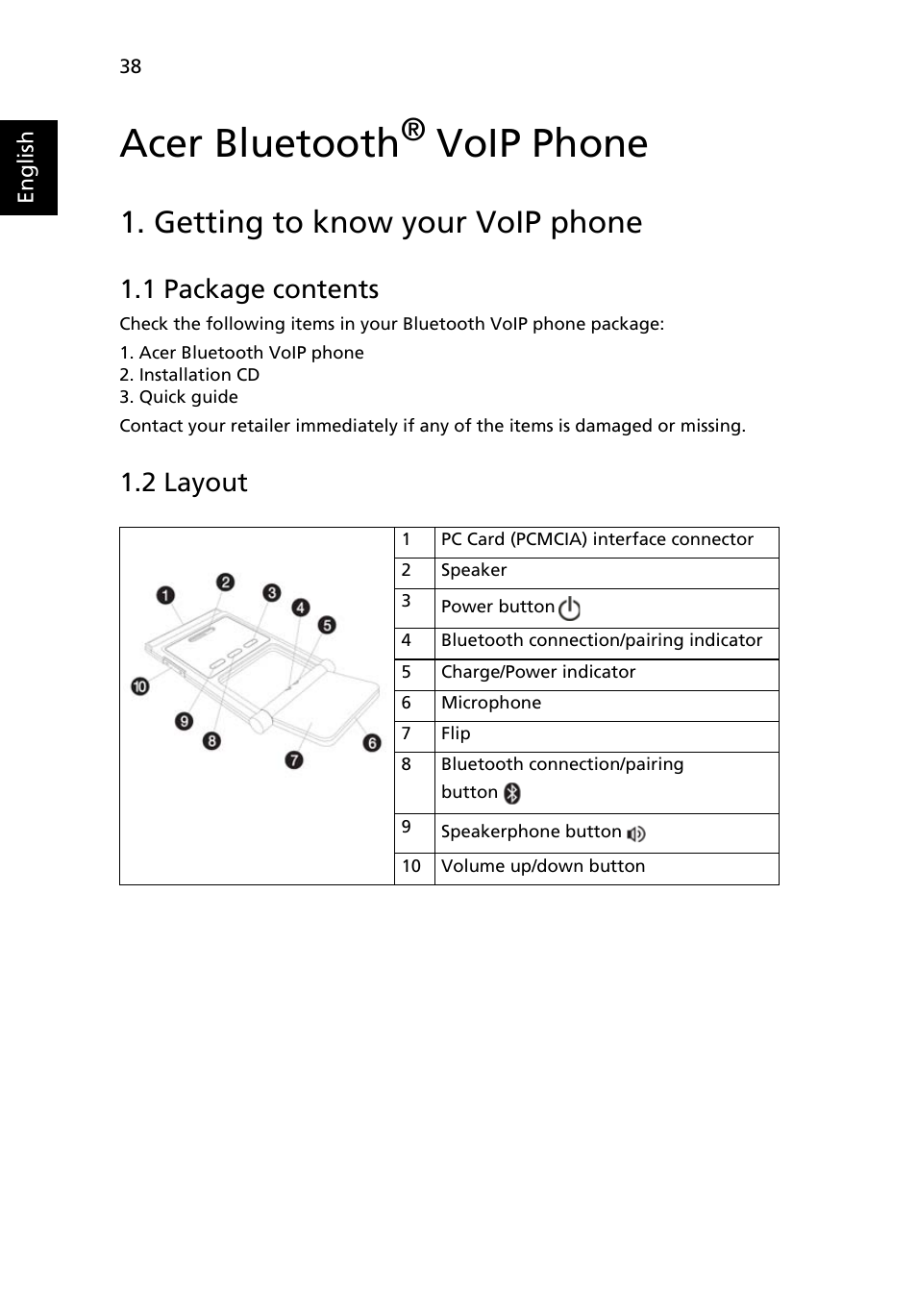 Acer bluetooth® voip phone, Getting to know your voip phone, 1 package contents | 2 layout, Acer bluetooth, Voip phone | Acer Ferrari 5000 User Manual | Page 58 / 118