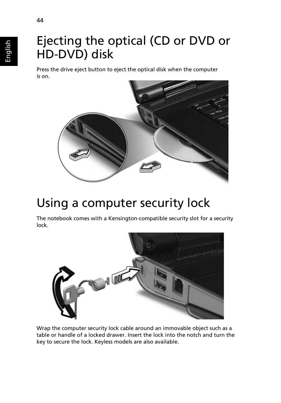 Ejecting the optical (cd or dvd or hd-dvd) disk, Using a computer security lock | Acer Ferrari 5000 User Manual | Page 64 / 118