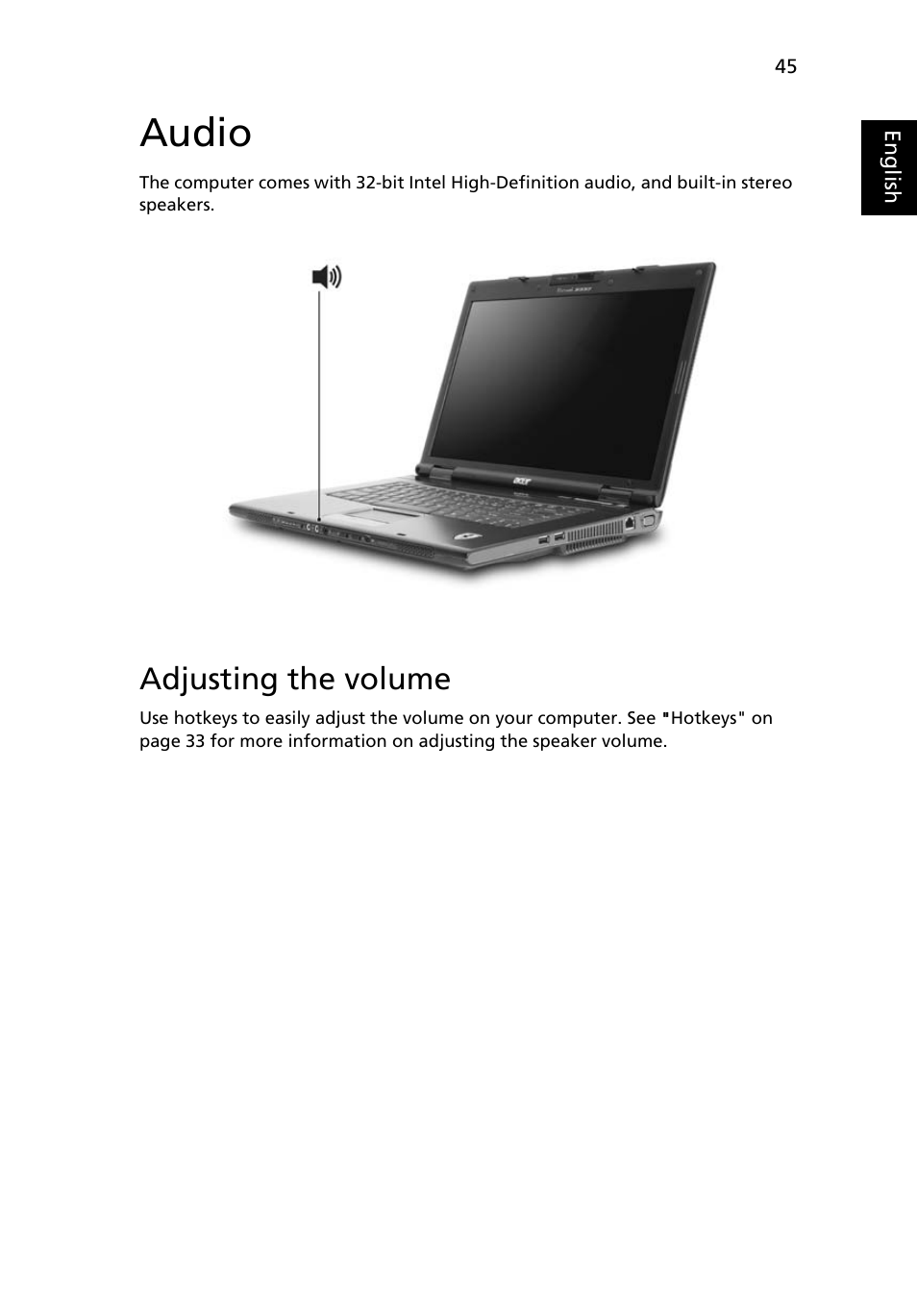 Audio, Adjusting the volume | Acer Ferrari 5000 User Manual | Page 65 / 118