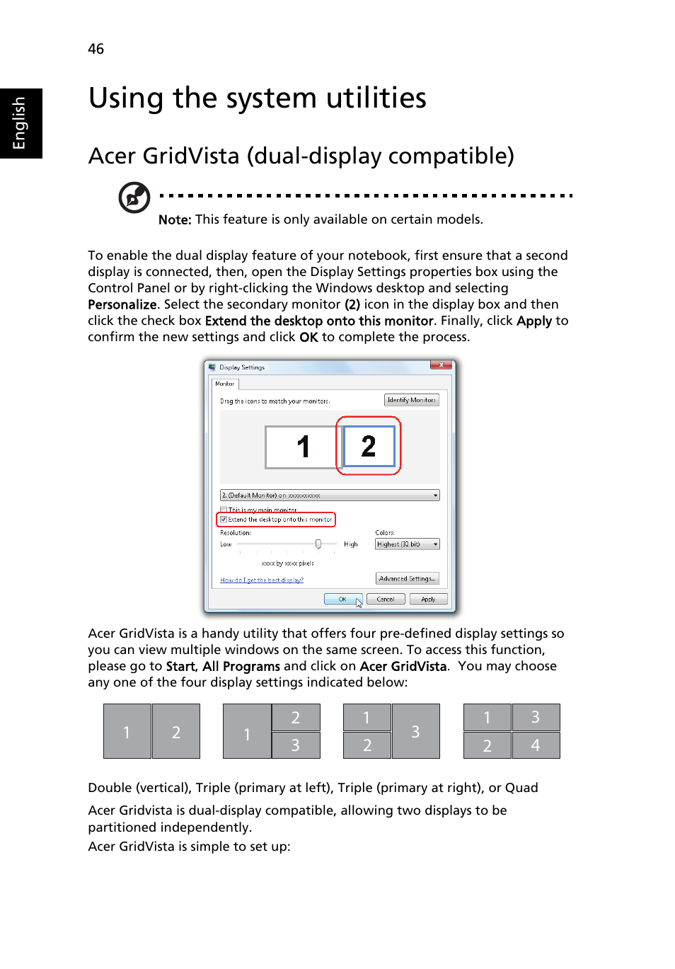 Using the system utilities, Acer gridvista (dual-display compatible) | Acer Ferrari 5000 User Manual | Page 66 / 118