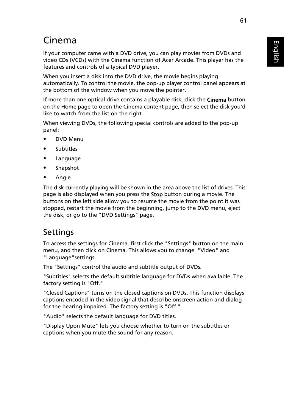 Cinema, Settings | Acer Ferrari 5000 User Manual | Page 81 / 118