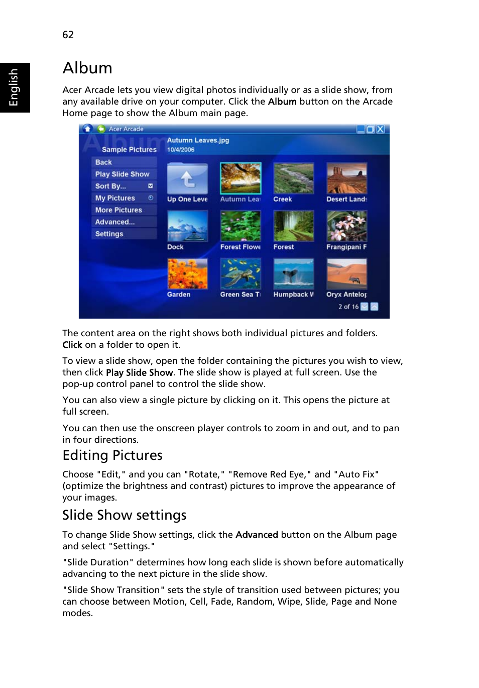 Album, Editing pictures, Slide show settings | Acer Ferrari 5000 User Manual | Page 82 / 118