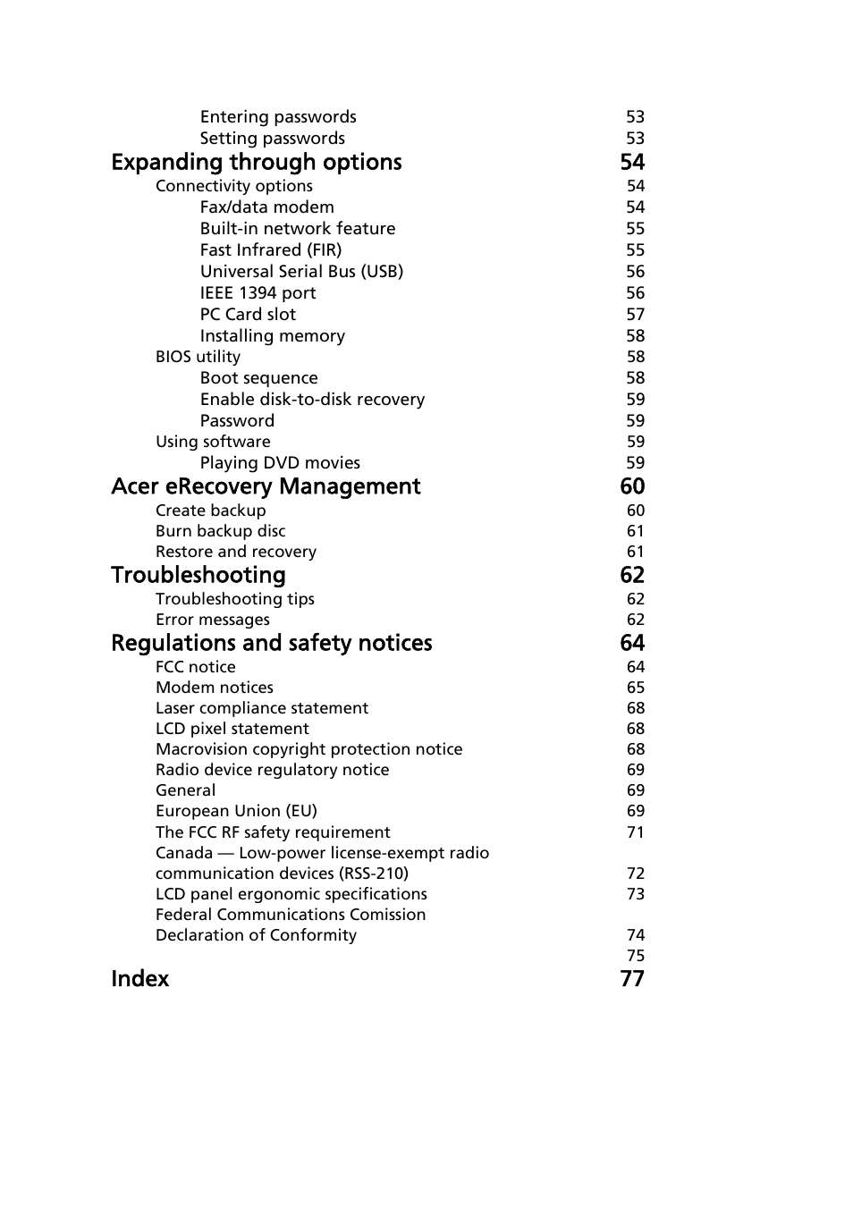 Expanding through options 54, Acer erecovery management 60, Troubleshooting 62 | Regulations and safety notices 64, Index 77 | Acer TravelMate 6231 User Manual | Page 16 / 94