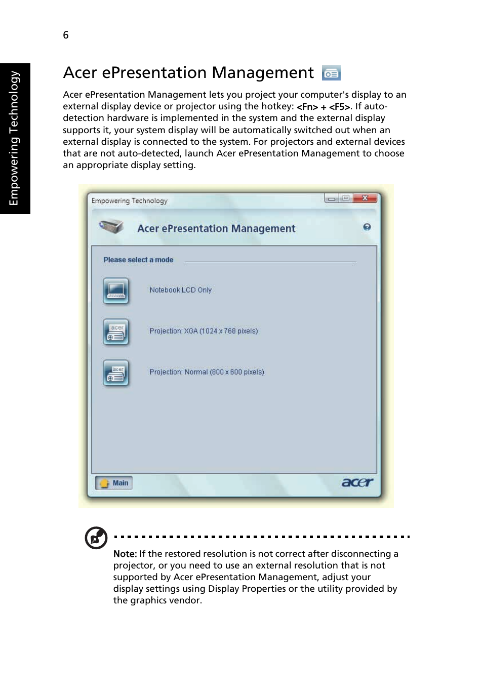 Acer epresentation management | Acer TravelMate 6231 User Manual | Page 22 / 94