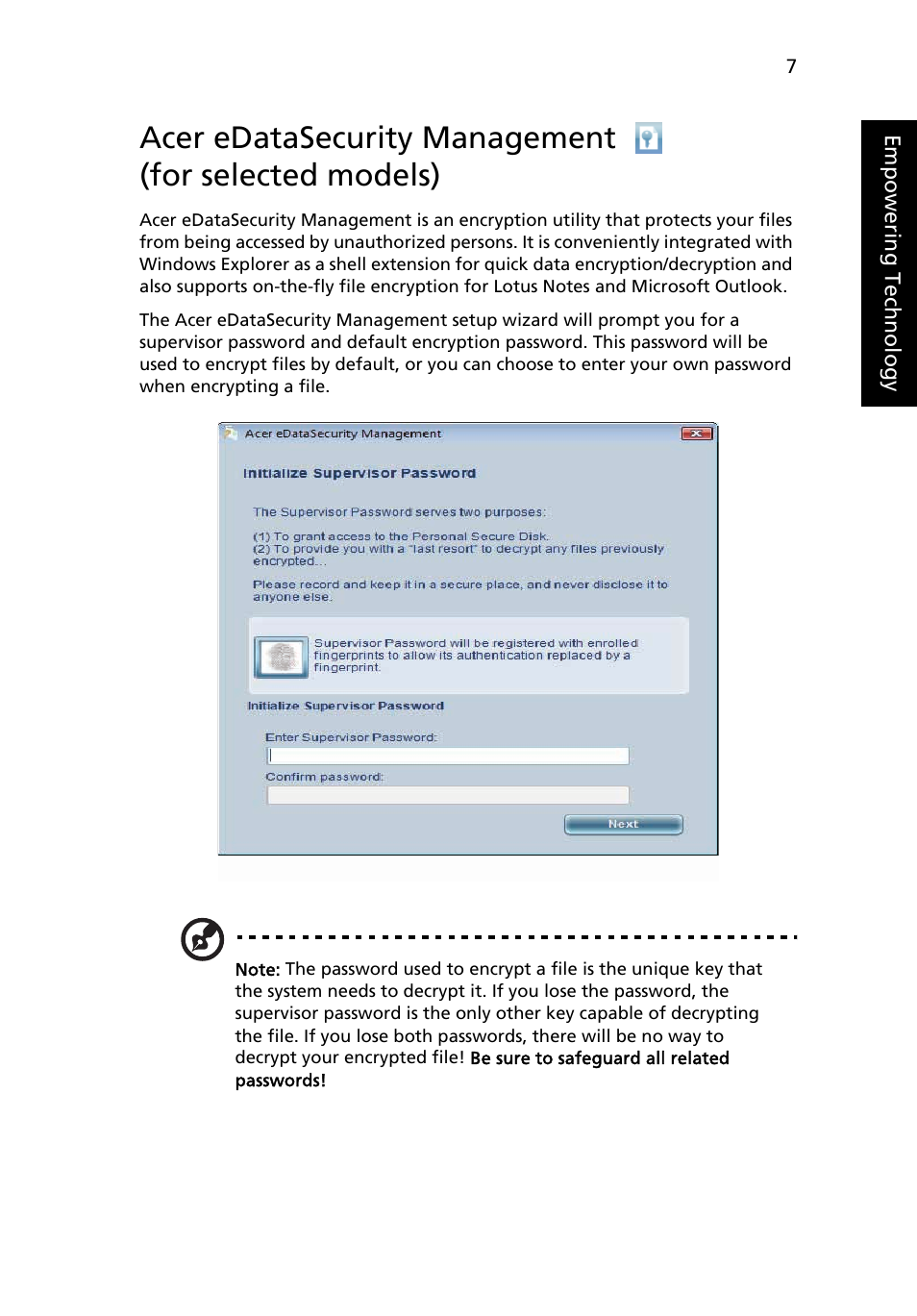 Acer edatasecurity management, For selected models) | Acer TravelMate 6231 User Manual | Page 23 / 94