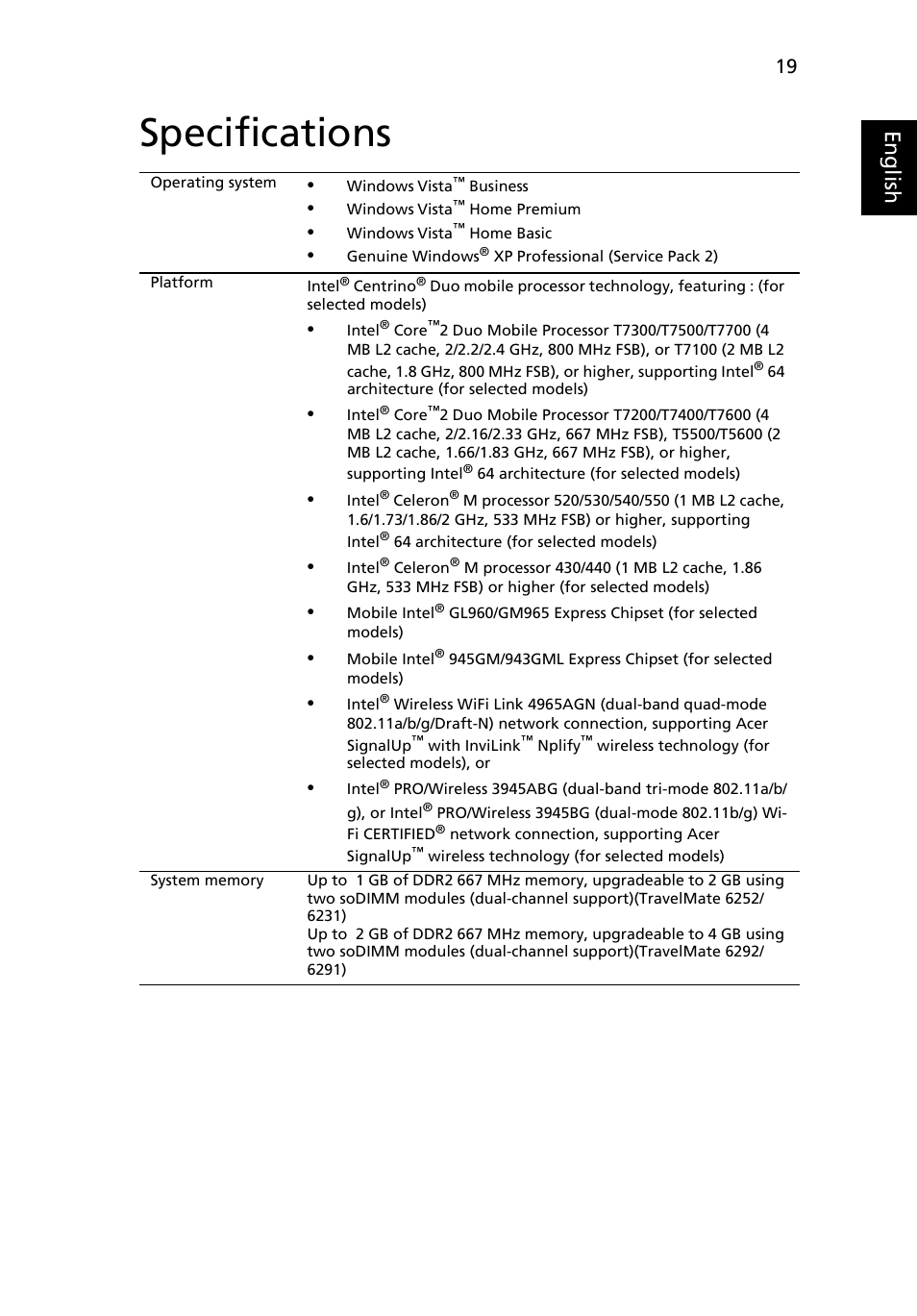 Specifications, English | Acer TravelMate 6231 User Manual | Page 35 / 94