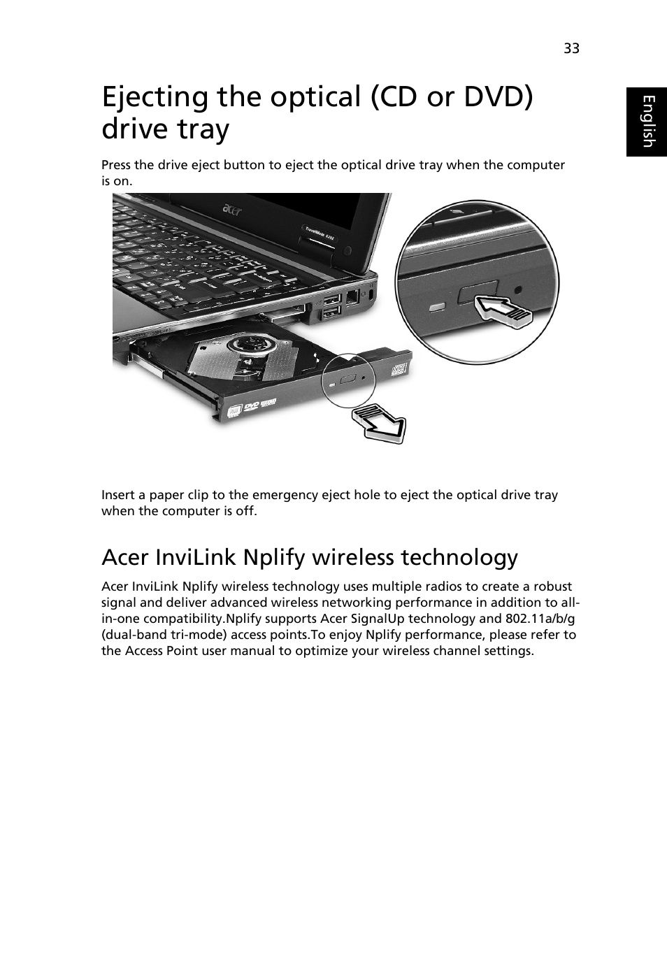 Ejecting the optical (cd or dvd) drive tray, Acer invilink nplify wireless technology | Acer TravelMate 6231 User Manual | Page 49 / 94