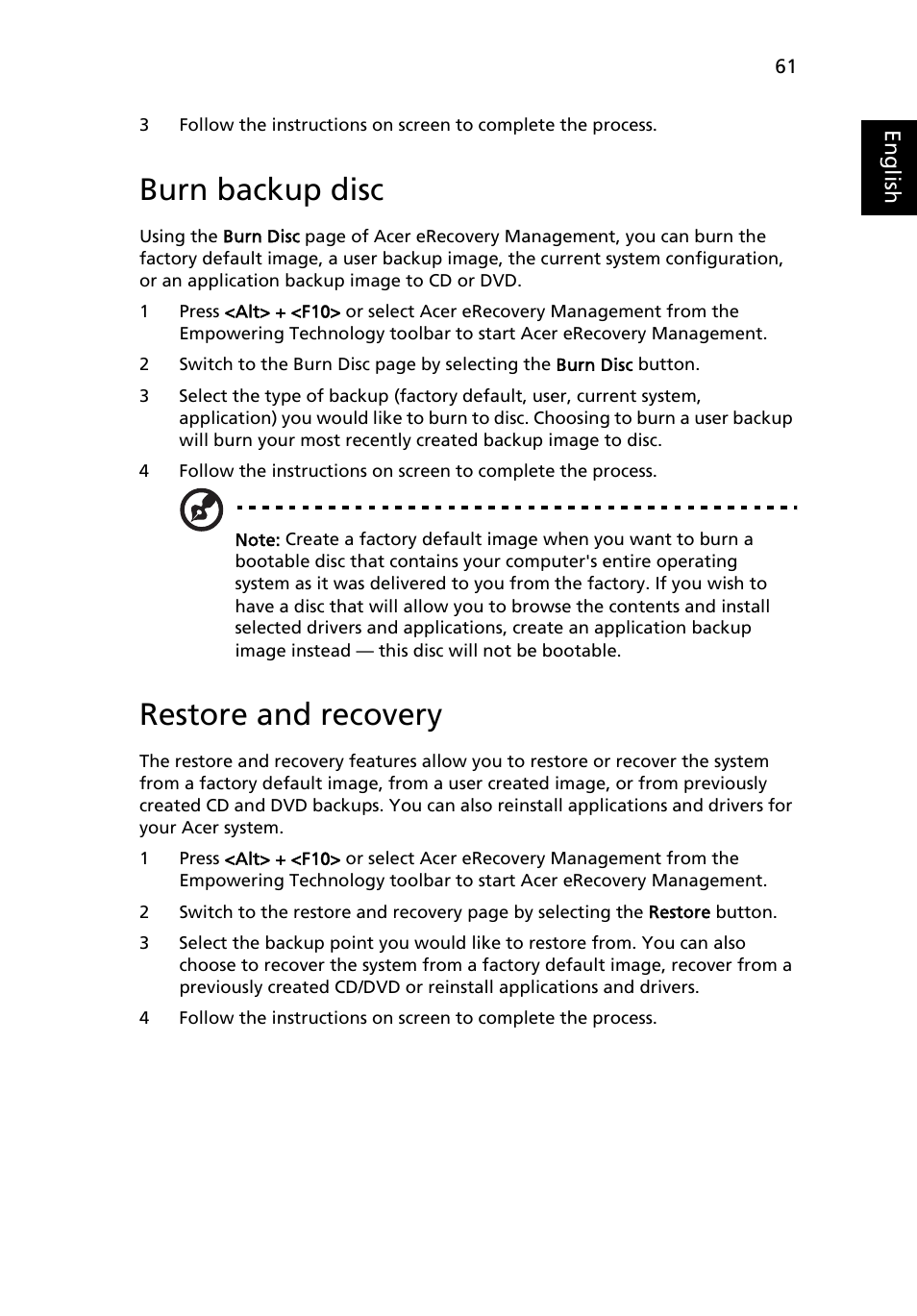 Burn backup disc, Restore and recovery | Acer TravelMate 6231 User Manual | Page 77 / 94