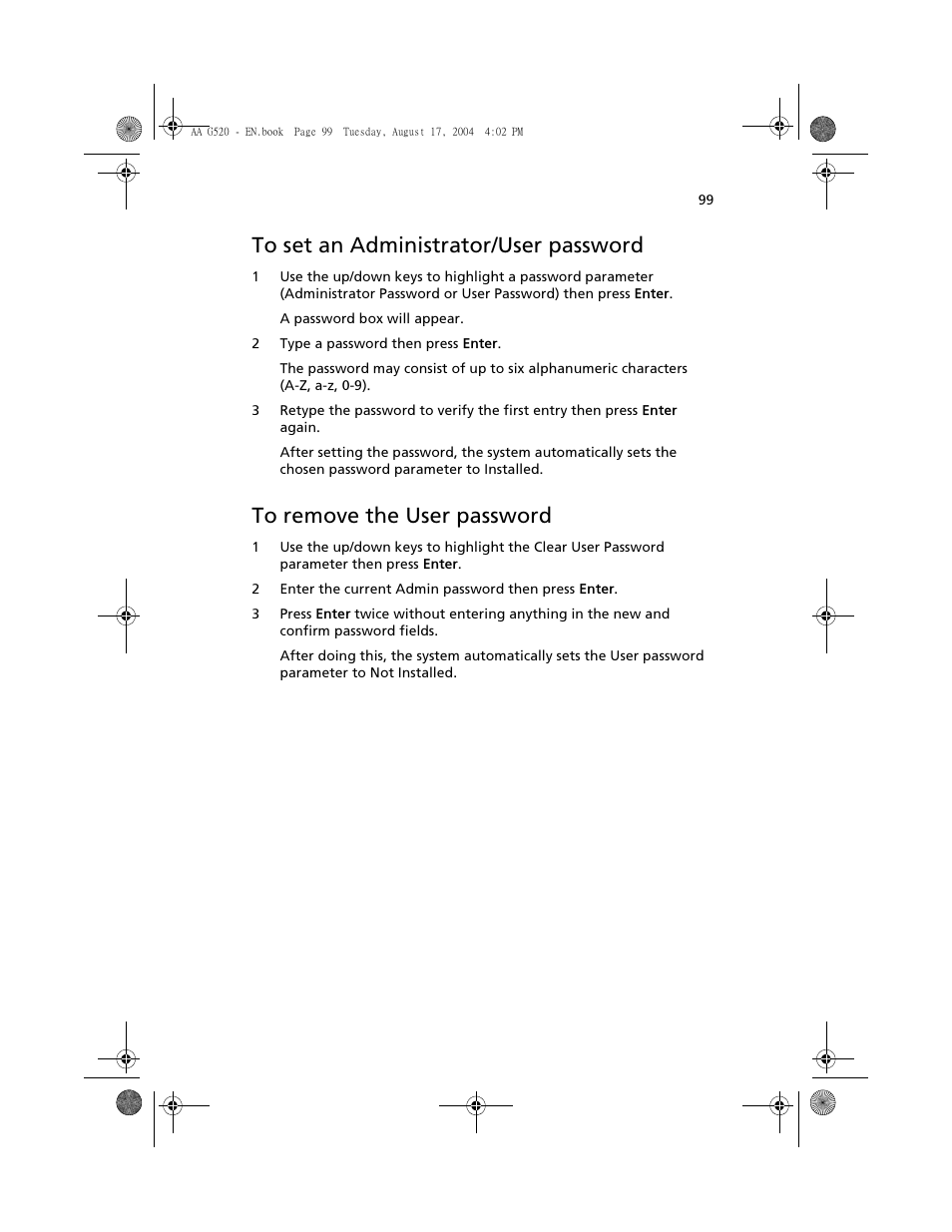 To set an administrator/user password, To remove the user password | Acer Altos G520 User Manual | Page 109 / 186
