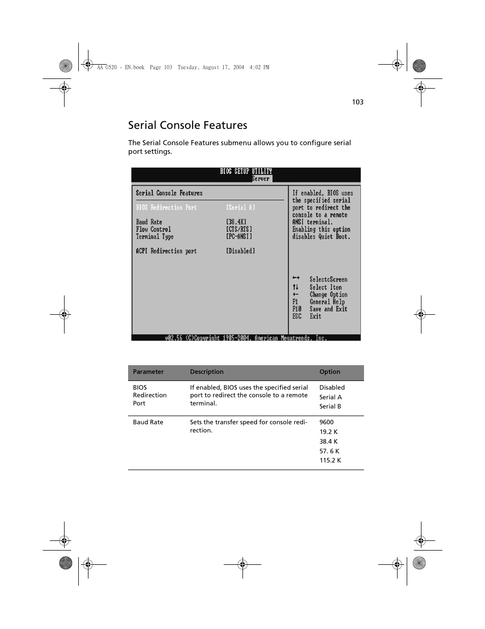 Serial console features | Acer Altos G520 User Manual | Page 113 / 186