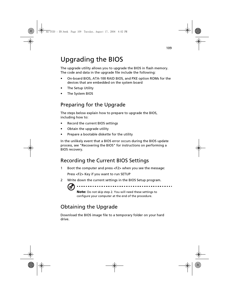 Upgrading the bios, Preparing for the upgrade, Recording the current bios settings | Obtaining the upgrade | Acer Altos G520 User Manual | Page 119 / 186