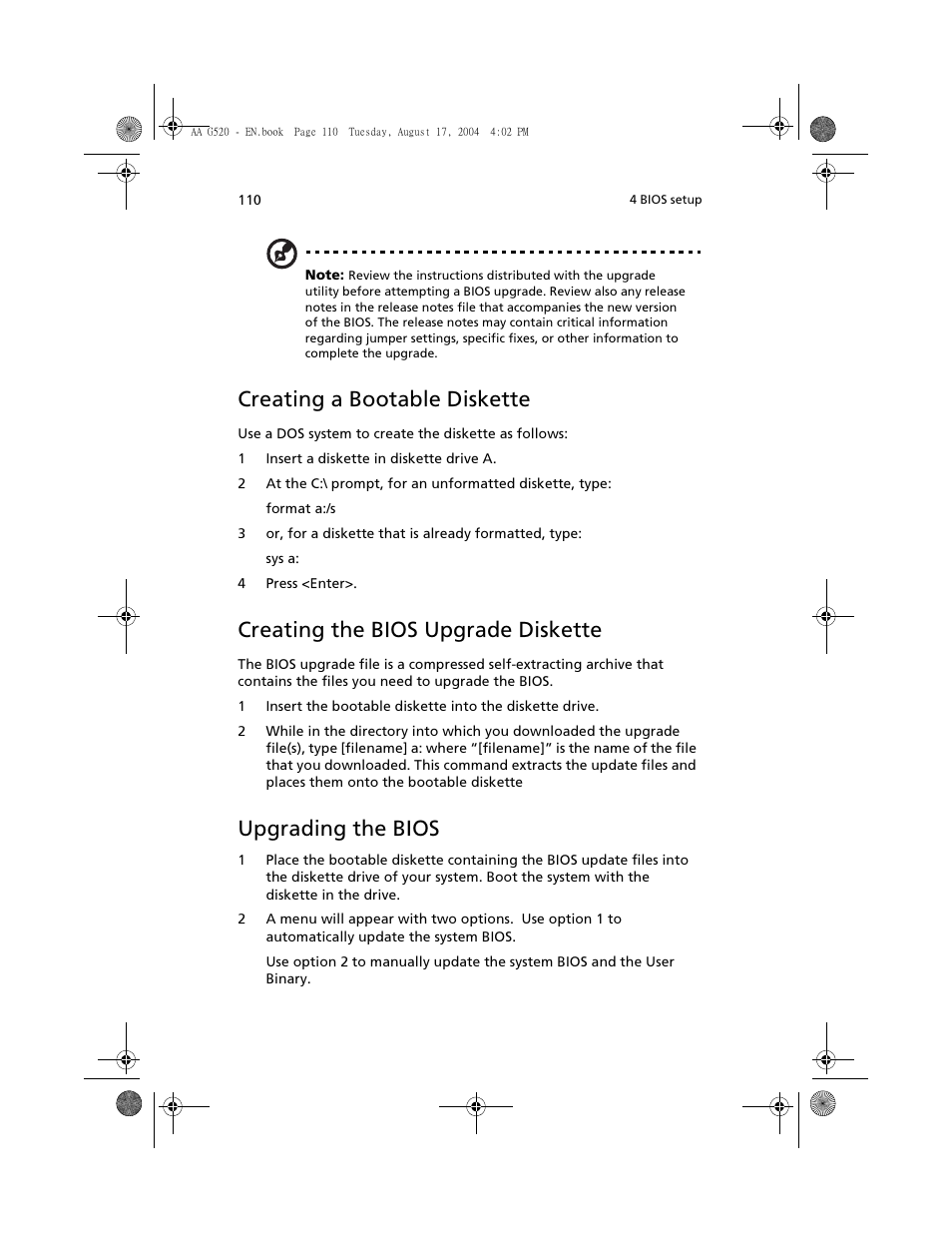 Creating a bootable diskette, Creating the bios upgrade diskette, Upgrading the bios | Acer Altos G520 User Manual | Page 120 / 186