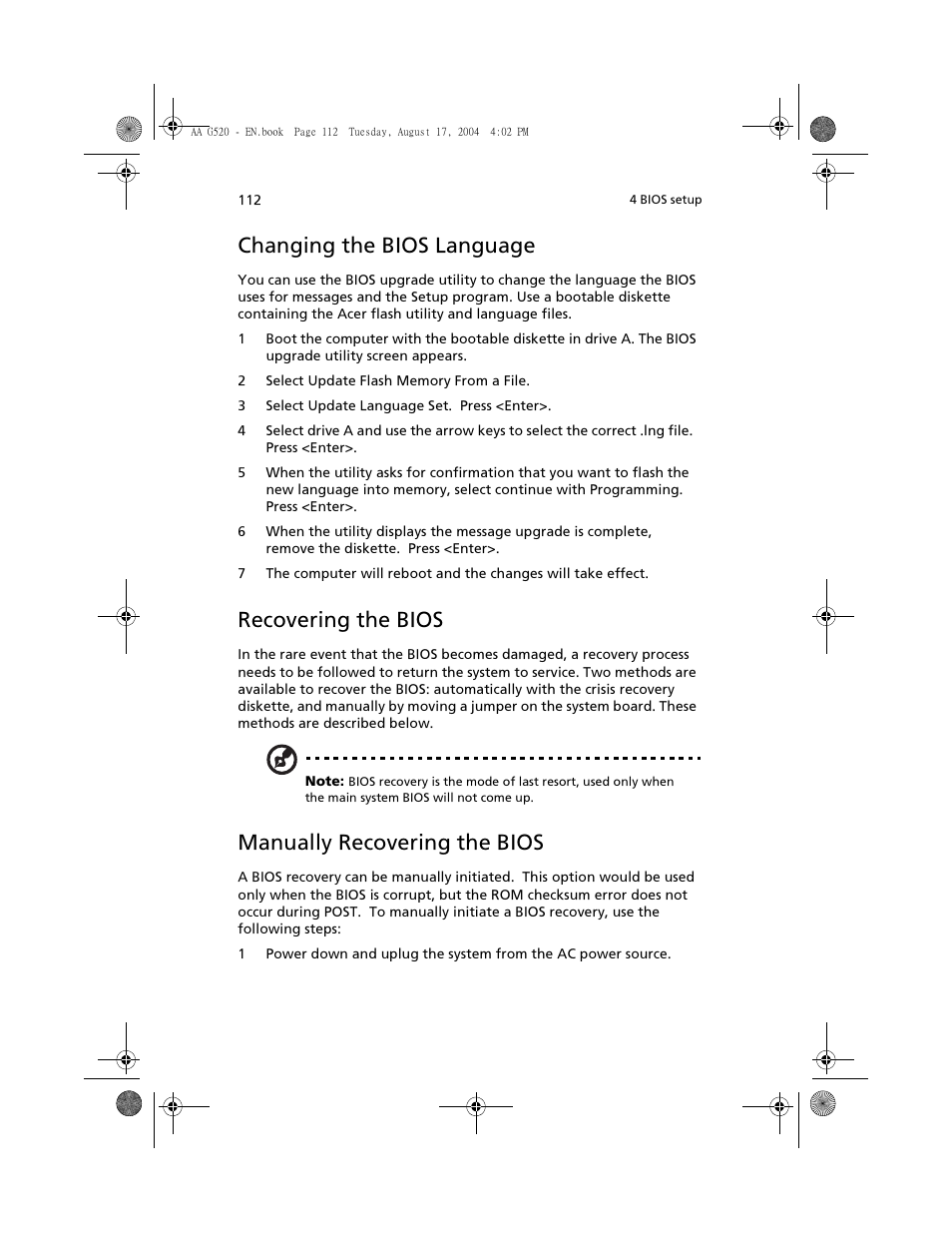 Changing the bios language, Recovering the bios, Manually recovering the bios | Acer Altos G520 User Manual | Page 122 / 186