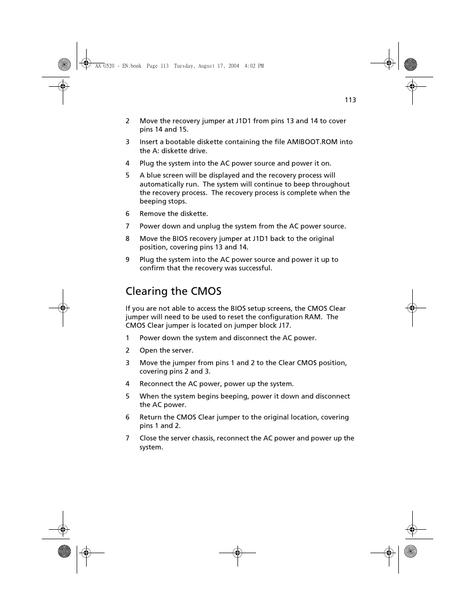 Clearing the cmos | Acer Altos G520 User Manual | Page 123 / 186