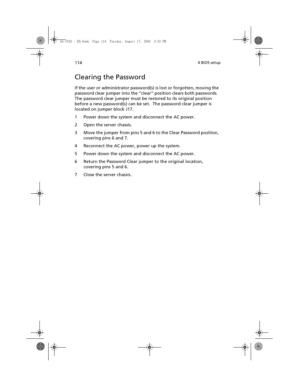 Clearing the password | Acer Altos G520 User Manual | Page 124 / 186