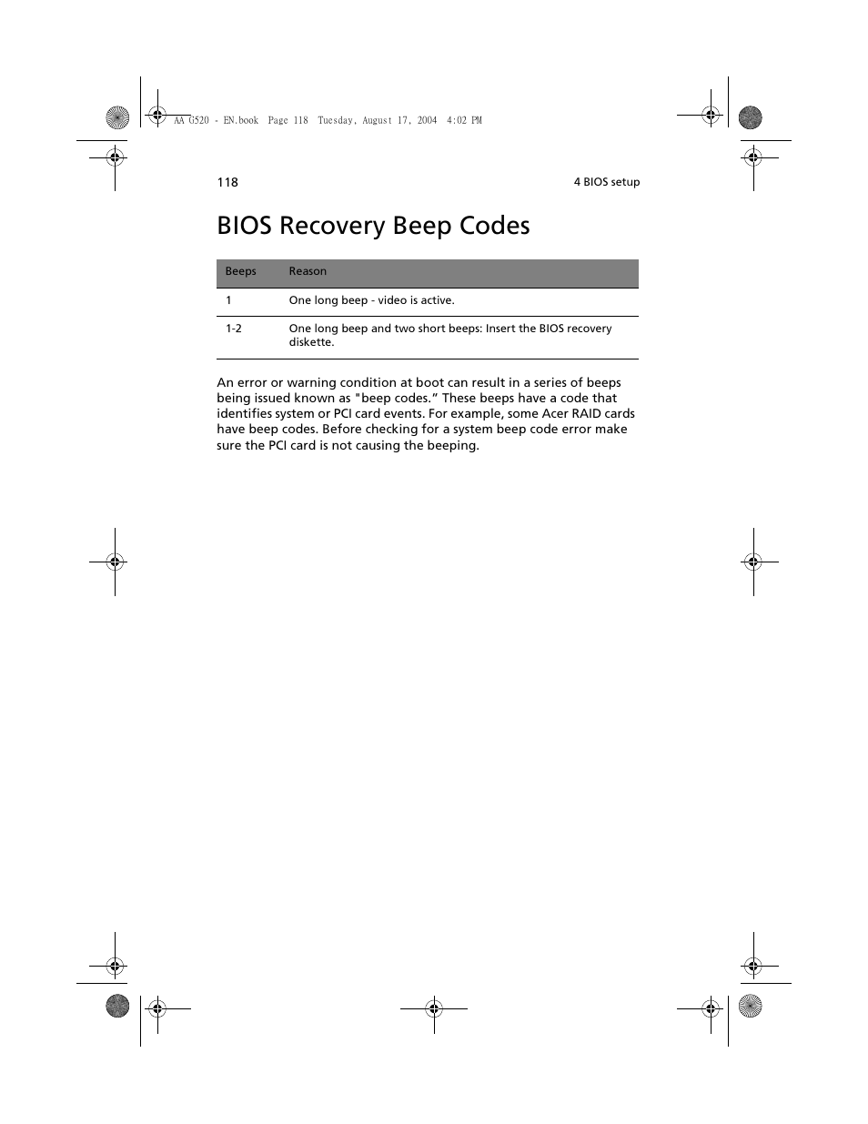 Bios recovery beep codes | Acer Altos G520 User Manual | Page 128 / 186