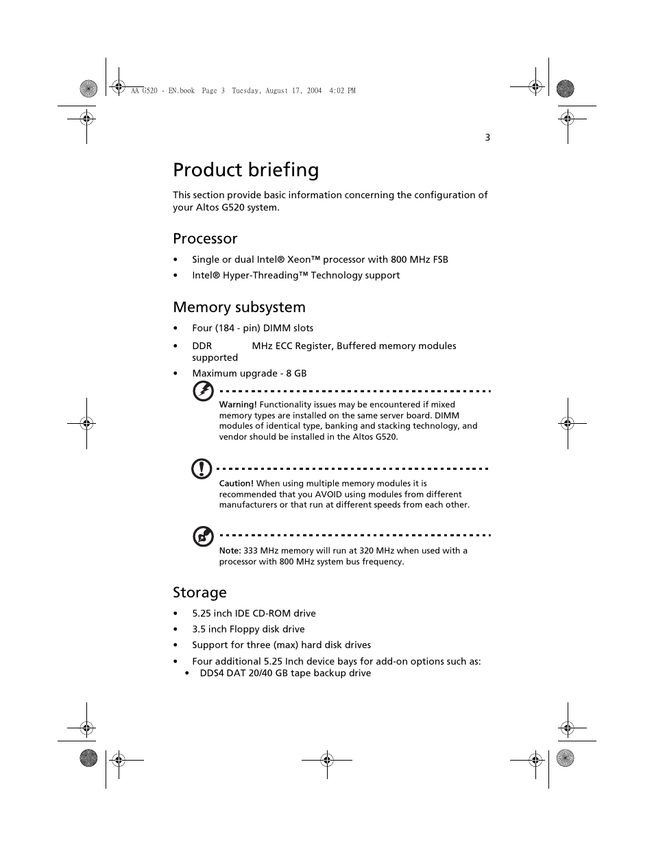 Product briefing, Processor, Memory subsystem | Storage | Acer Altos G520 User Manual | Page 13 / 186