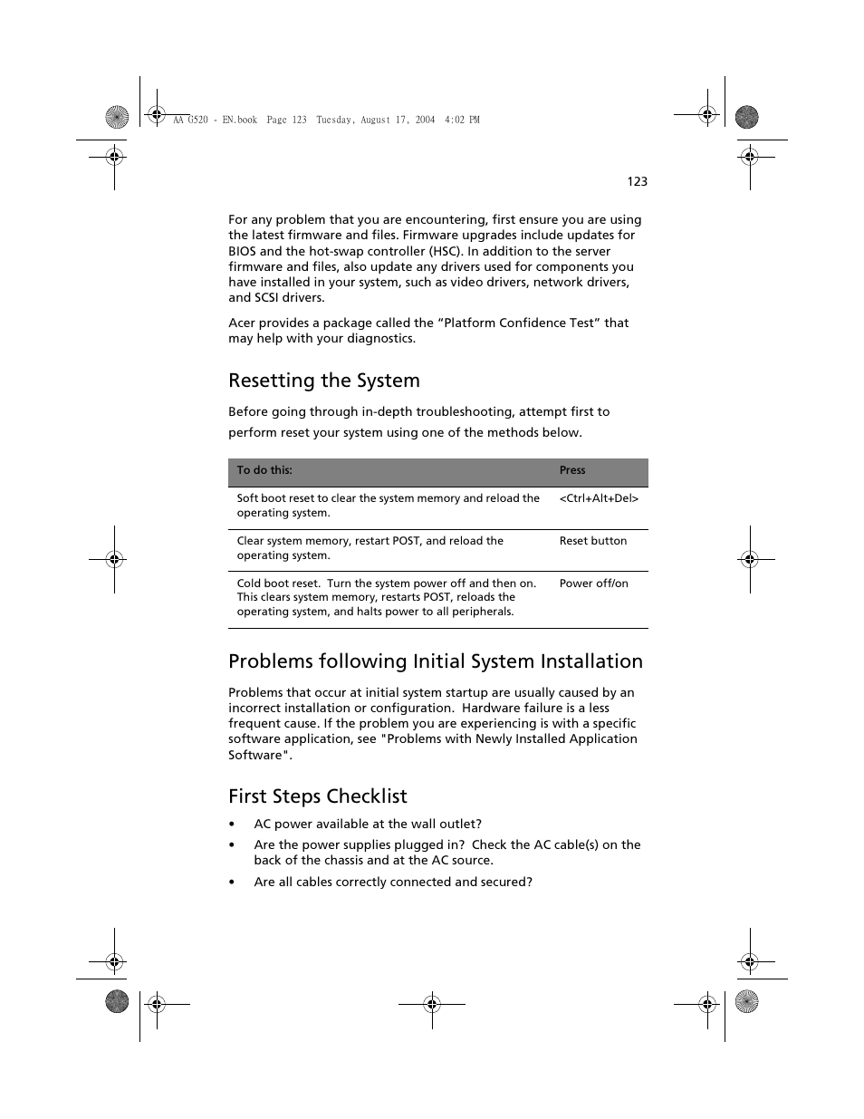 Resetting the system, Problems following initial system installation, First steps checklist | Acer Altos G520 User Manual | Page 133 / 186