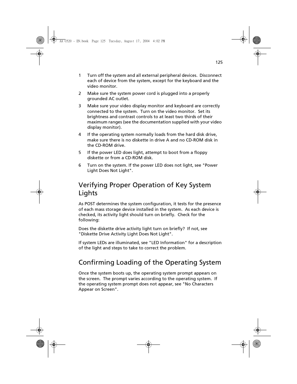 Verifying proper operation of key system lights, Confirming loading of the operating system | Acer Altos G520 User Manual | Page 135 / 186