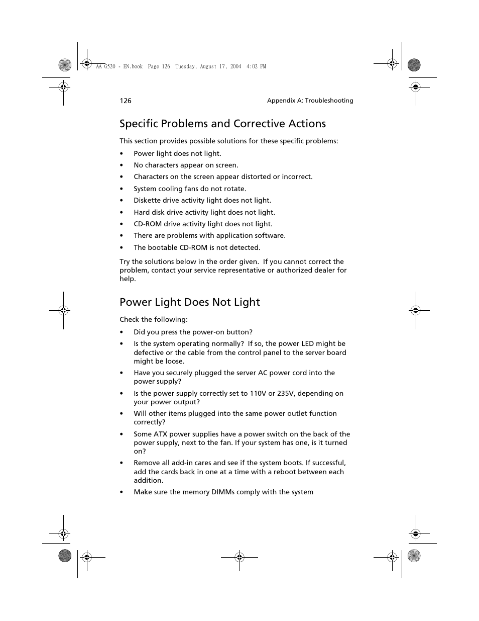 Specific problems and corrective actions, Power light does not light | Acer Altos G520 User Manual | Page 136 / 186