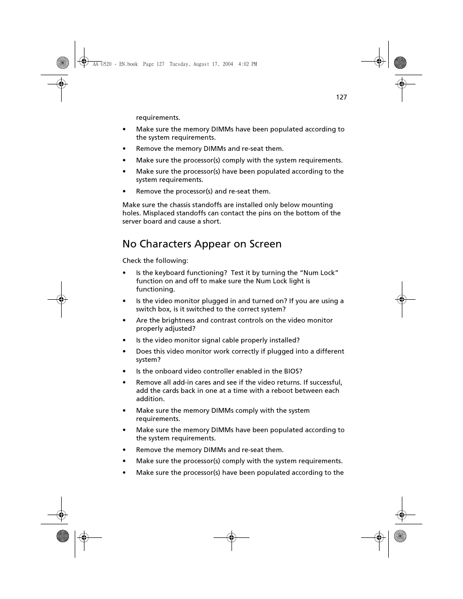 No characters appear on screen, E "no characters appear on screen | Acer Altos G520 User Manual | Page 137 / 186