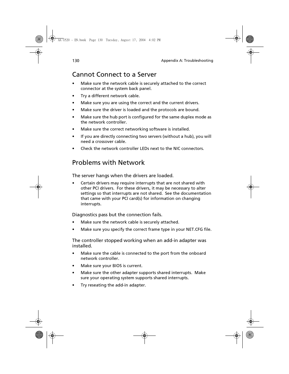 Cannot connect to a server, Problems with network | Acer Altos G520 User Manual | Page 140 / 186