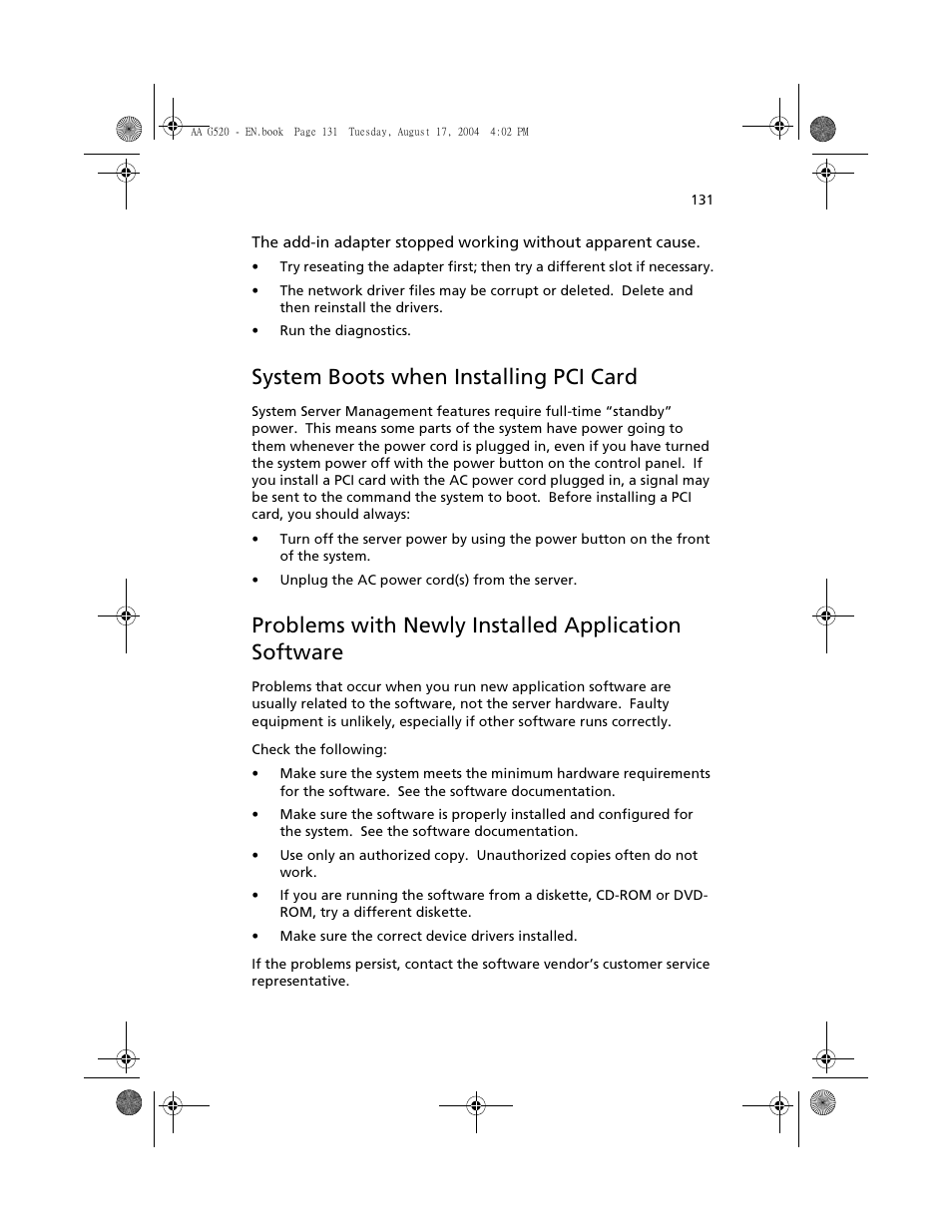 System boots when installing pci card, Problems with newly installed application software | Acer Altos G520 User Manual | Page 141 / 186