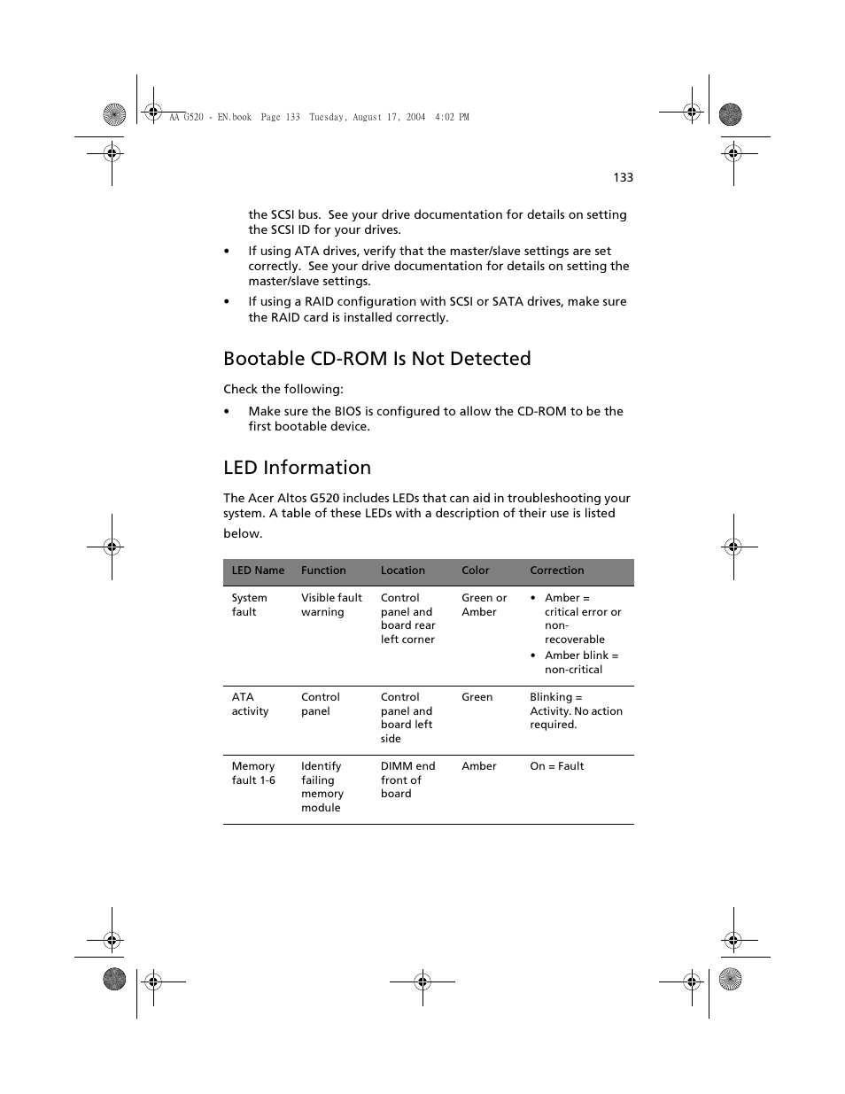Bootable cd-rom is not detected, Led information, E "led information | Acer Altos G520 User Manual | Page 143 / 186
