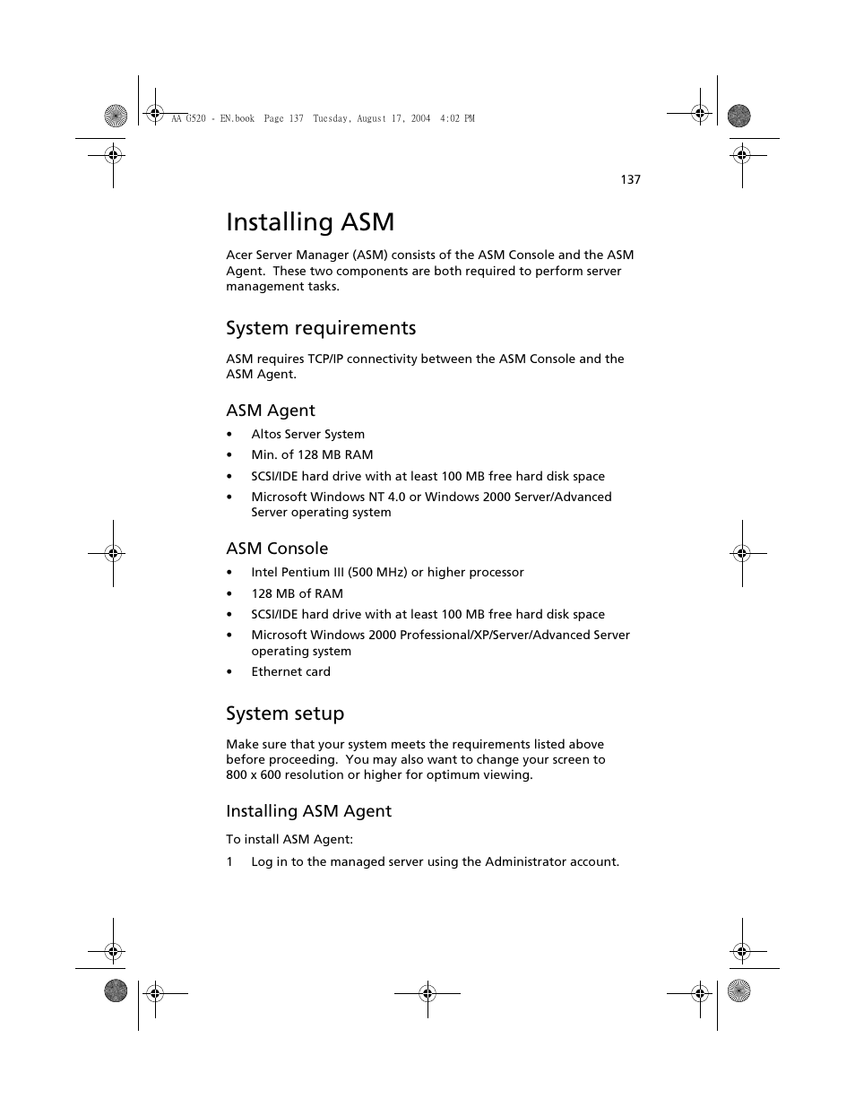 Installing asm, System requirements, System setup | Asm agent, Asm console, Installing asm agent | Acer Altos G520 User Manual | Page 147 / 186