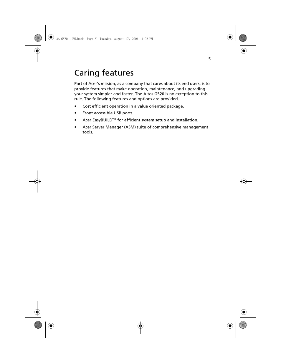 Caring features | Acer Altos G520 User Manual | Page 15 / 186