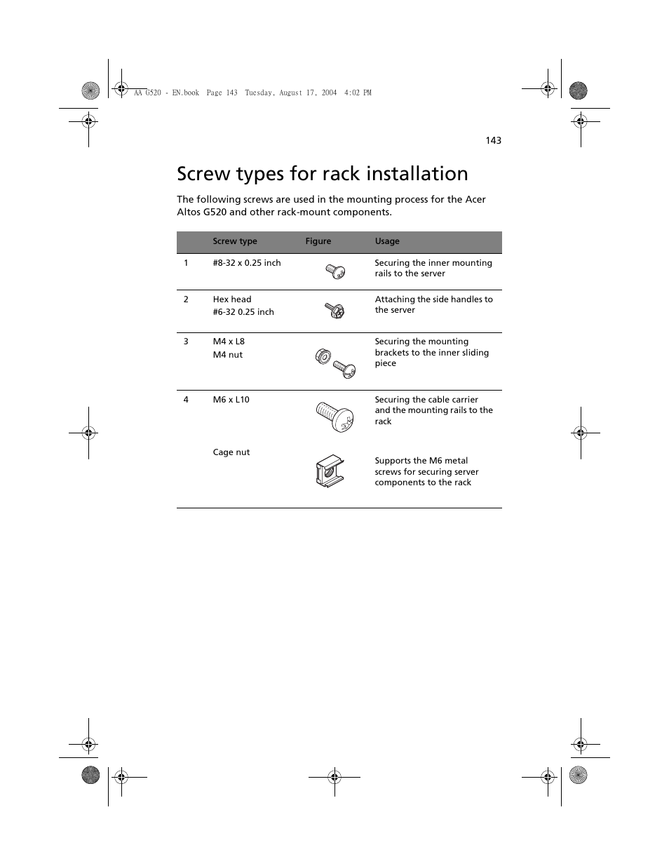 Screw types for rack installation | Acer Altos G520 User Manual | Page 153 / 186