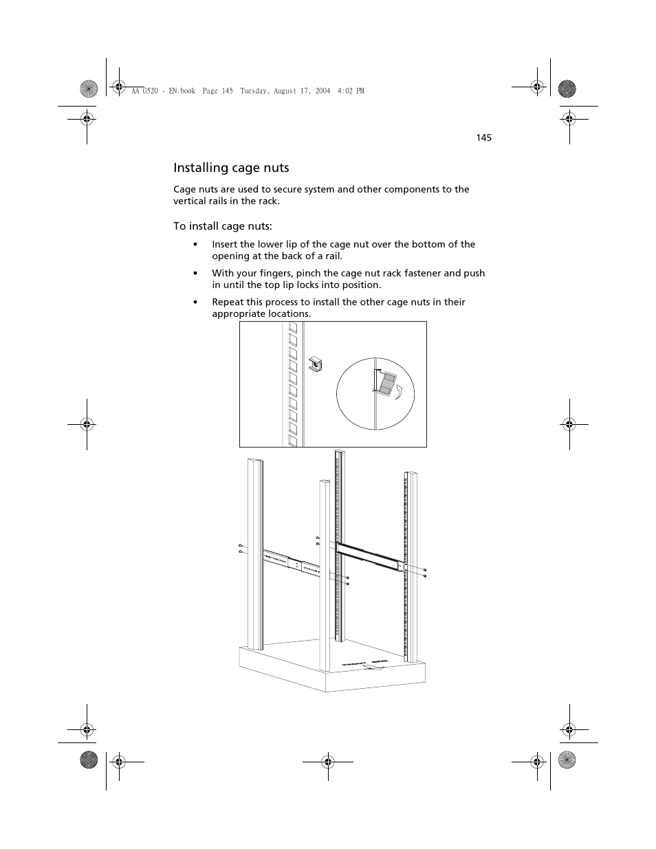 Installing cage nuts | Acer Altos G520 User Manual | Page 155 / 186