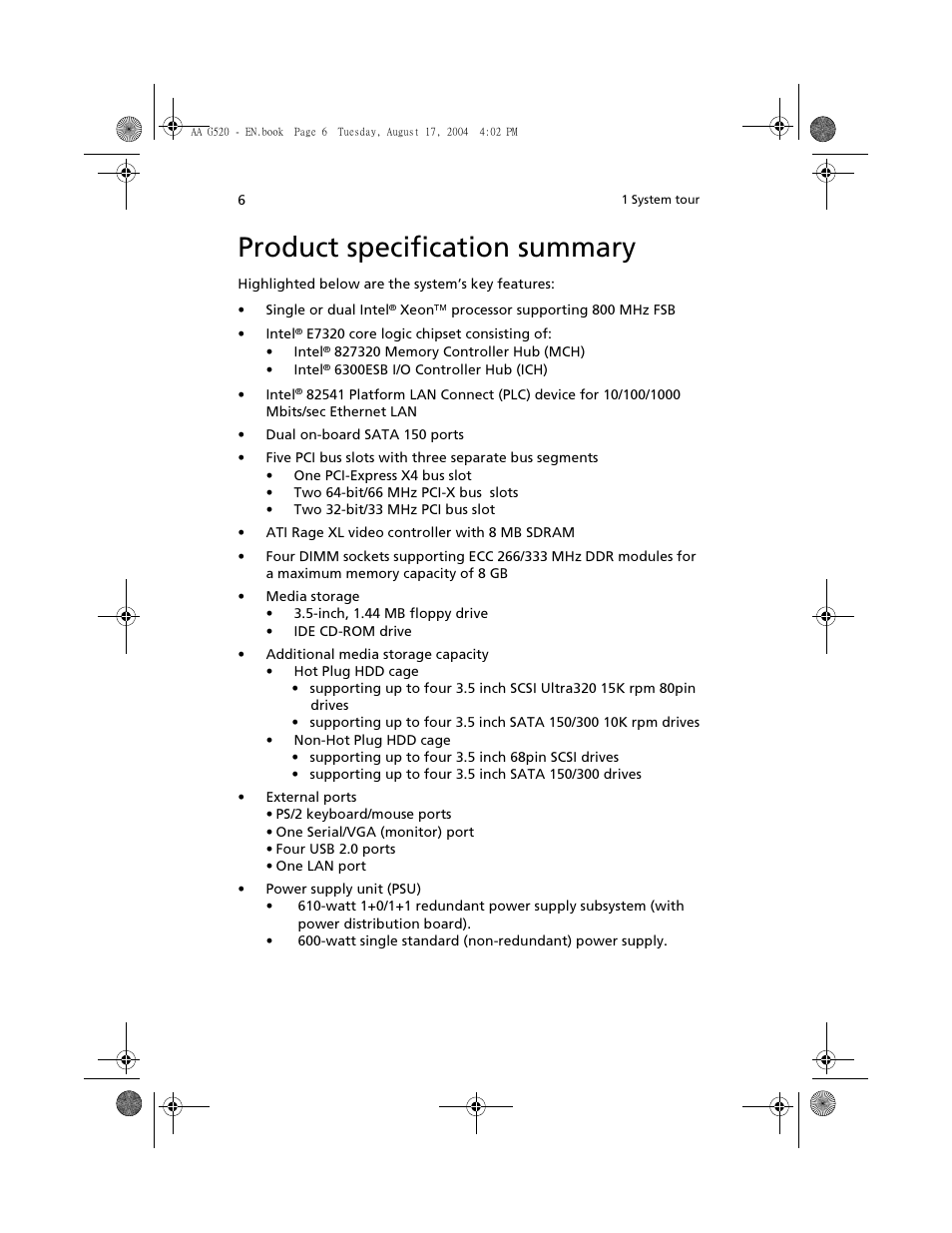 Product specification summary | Acer Altos G520 User Manual | Page 16 / 186