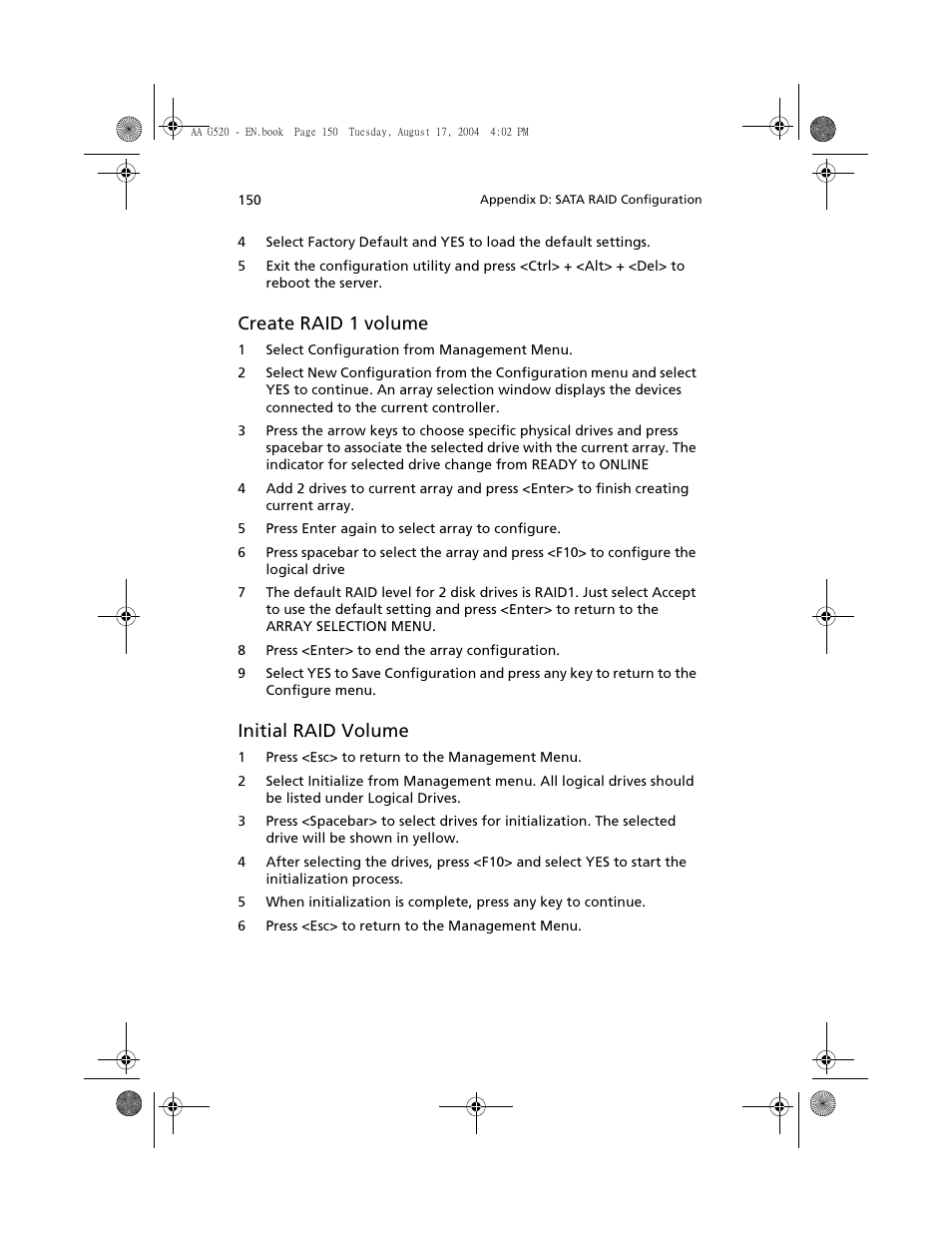 Create raid 1 volume, Initial raid volume | Acer Altos G520 User Manual | Page 160 / 186