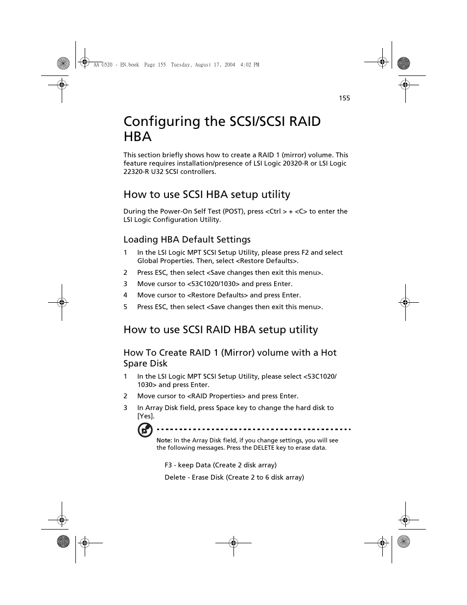 Configuring the scsi/scsi raid hba, How to use scsi hba setup utility, How to use scsi raid hba setup utility | Loading hba default settings | Acer Altos G520 User Manual | Page 165 / 186