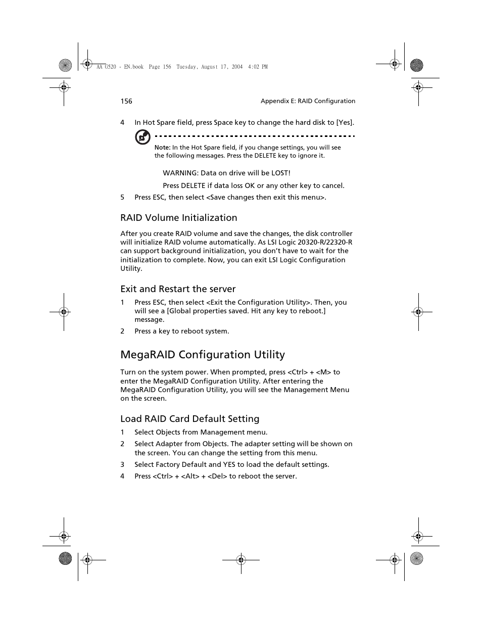 Megaraid configuration utility, Raid volume initialization, Exit and restart the server | Load raid card default setting | Acer Altos G520 User Manual | Page 166 / 186