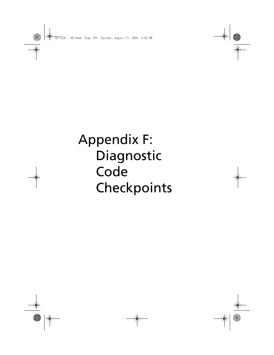 Appendix f: diagnostic code checkpoints, Appendix f: diagnostic code checkpoints 159 | Acer Altos G520 User Manual | Page 169 / 186