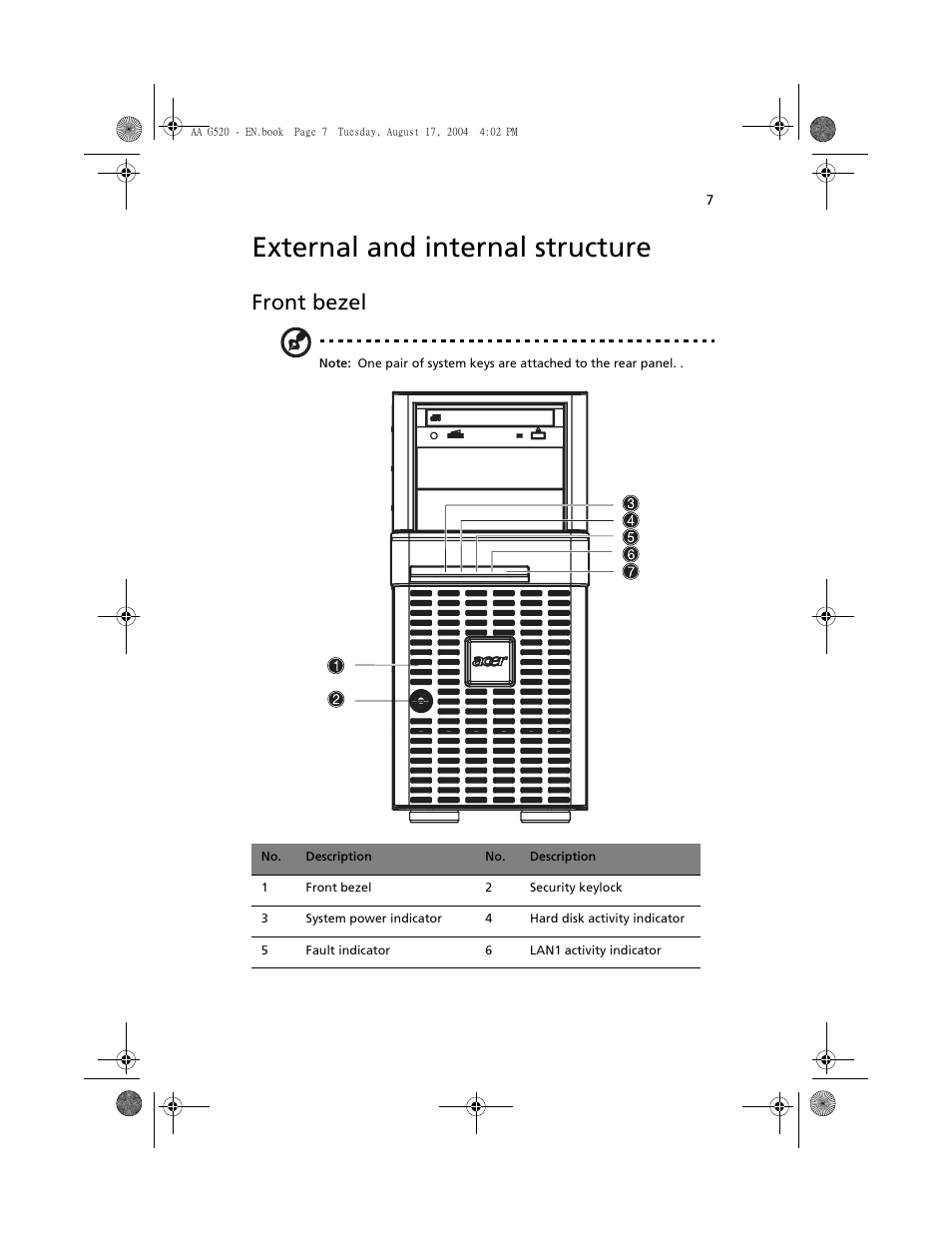 External and internal structure, Front bezel | Acer Altos G520 User Manual | Page 17 / 186