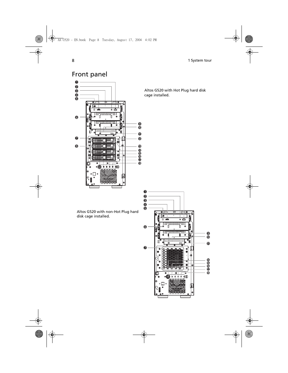 Front panel | Acer Altos G520 User Manual | Page 18 / 186