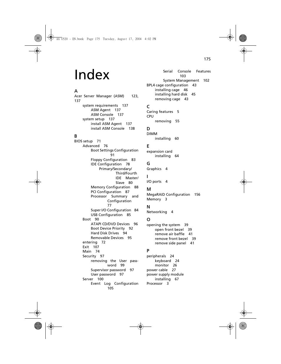 Index | Acer Altos G520 User Manual | Page 185 / 186