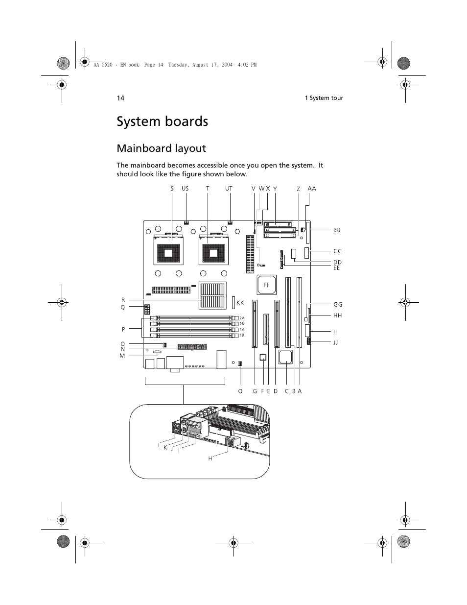 System boards, Mainboard layout | Acer Altos G520 User Manual | Page 24 / 186