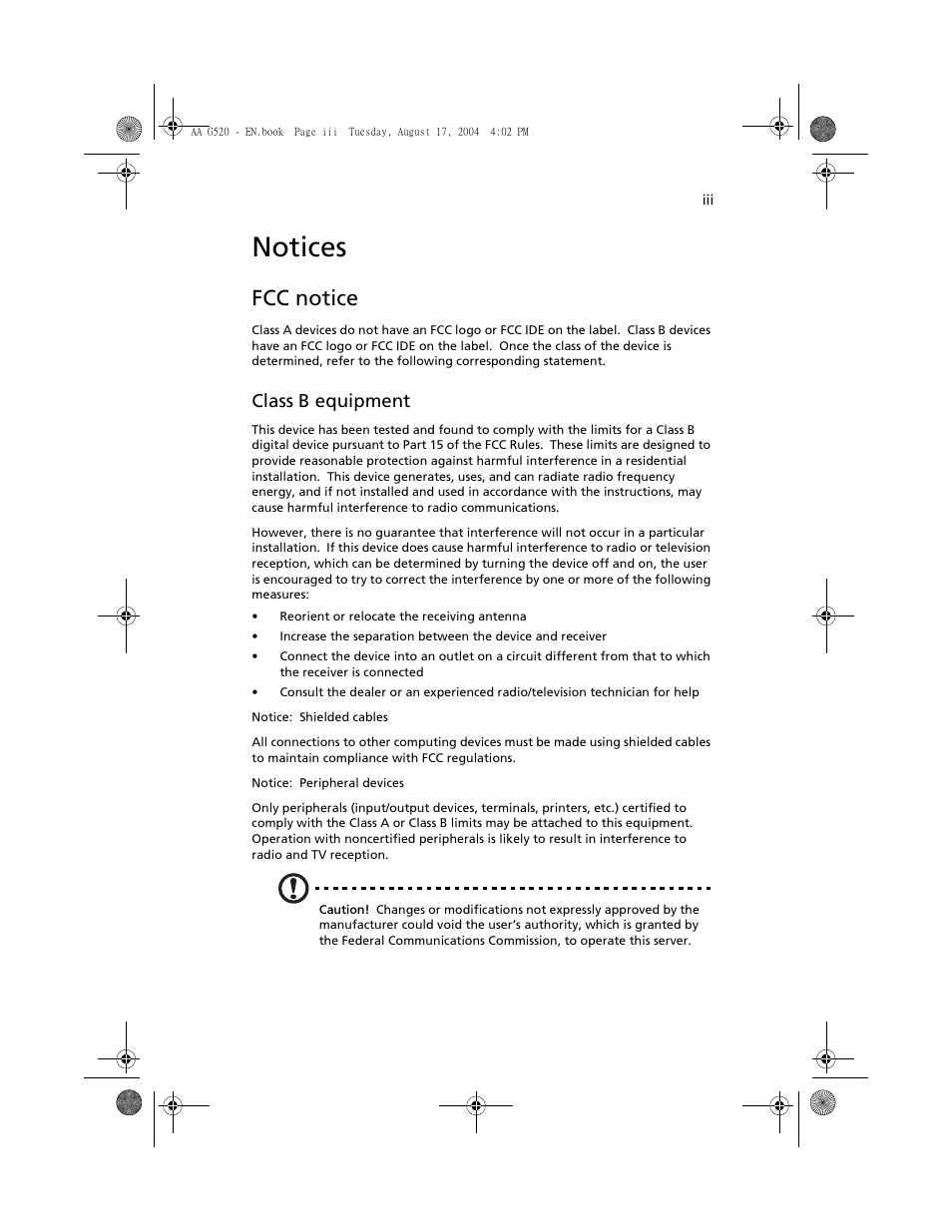 Notices, Fcc notice, Class b equipment | Acer Altos G520 User Manual | Page 3 / 186