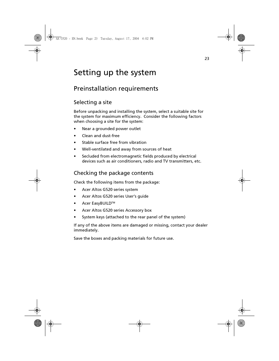 Setting up the system, Preinstallation requirements, Selecting a site | Checking the package contents | Acer Altos G520 User Manual | Page 33 / 186