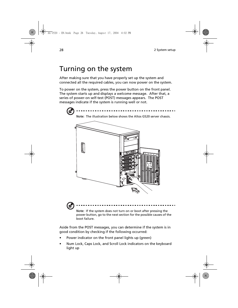 Turning on the system | Acer Altos G520 User Manual | Page 38 / 186