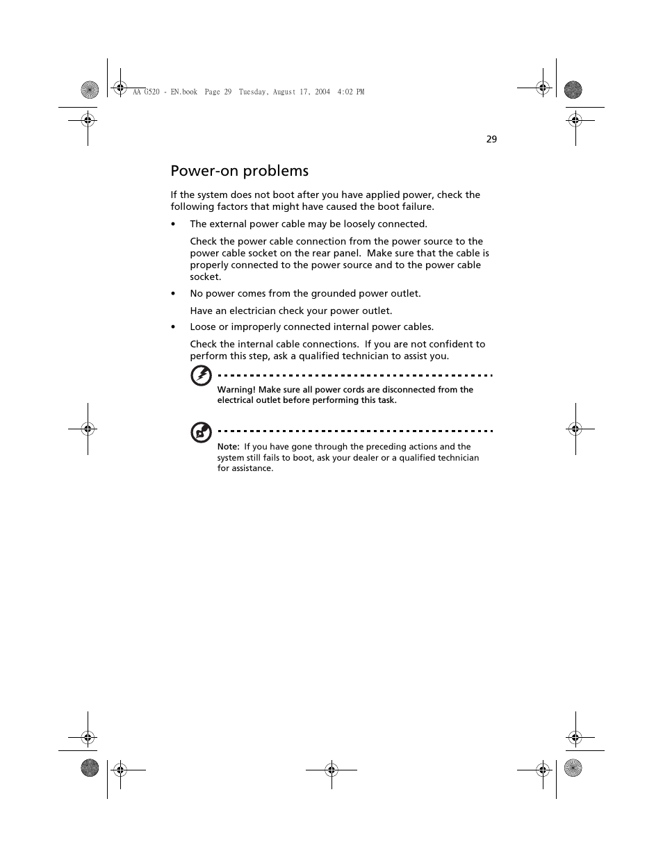 Power-on problems | Acer Altos G520 User Manual | Page 39 / 186